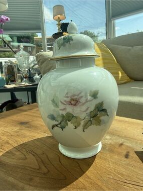 Woodmere China Floral Porcelain Covered Ginger Jar in White and Green